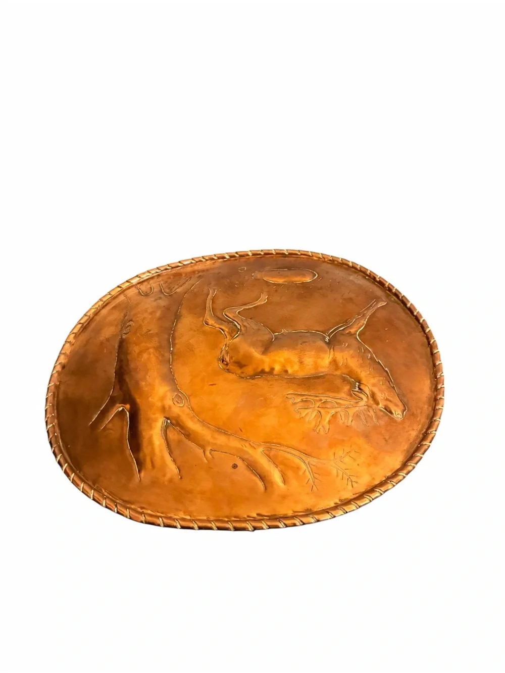 Vintage Handcrafted Copper Repousse Leaping Stag Deer Oval Wall Plaque Decor